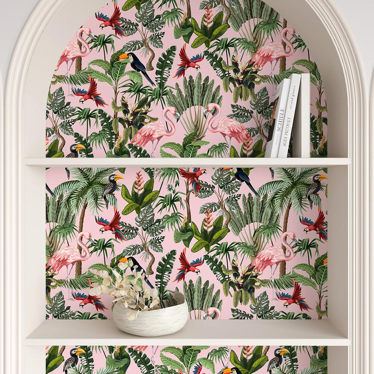 Pink Jungle Wallpaper Peel and Stick Removable Pink Tropical Wallpaper for Bedroom Bathroom Nursery 17.7''x118'' Flamingo Birds Wall Mural Prepasted Tropical Contact Paper for Walls Cabinets