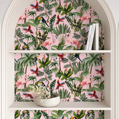Pink Jungle Wallpaper Peel and Stick Removable Pink Tropical Wallpaper for Bedroom Bathroom Nursery 17.7''x118'' Flamingo Birds Wall Mural Prepasted Tropical Contact Paper for Walls Cabinets