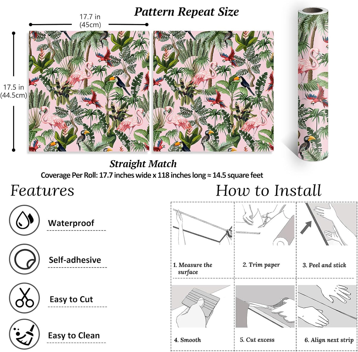 Pink Jungle Wallpaper Peel and Stick Removable Pink Tropical Wallpaper for Bedroom Bathroom Nursery 17.7''x118'' Flamingo Birds Wall Mural Prepasted Tropical Contact Paper for Walls Cabinets