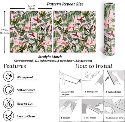 Pink Jungle Wallpaper Peel and Stick Removable Pink Tropical Wallpaper for Bedroom Bathroom Nursery 17.7''x118'' Flamingo Birds Wall Mural Prepasted Tropical Contact Paper for Walls Cabinets