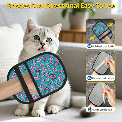 Breast Cancer Awareness Pink Ribbon Butterfly Pet Hair Removal Glove Dogs Hair Remover Glove Cats Fur Removal Tool with Hanging Loop for Couch 6.7X9.5 in