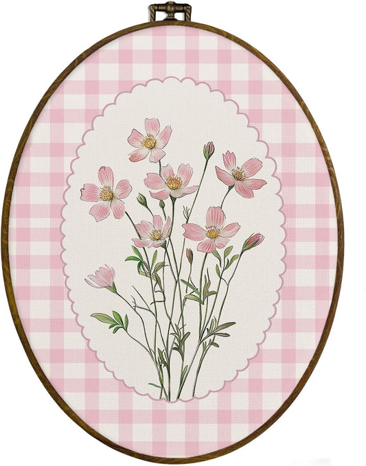 Pink Grandmillennial Floral Oval Wall Art Decor, Preppy Cottagecore Flower Framed Canvas Art, Retro Pink and White Checkered Floral Wall Hanging Decor for Girls Room Pastel Bedroom,8.7x11.3