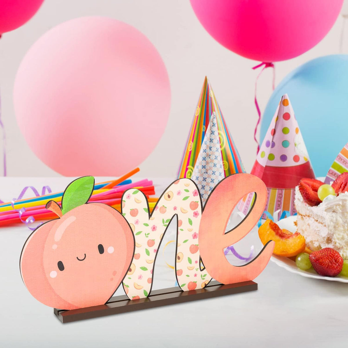 Peach ONE Letter Sign - Table Wooden Centerpiece for Baby Girls First Birthday Party Decoration Sweet Peach Spring Theme Toddler Girl 1st Birthday Baby Shower Decoration Supplies Photo Props