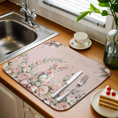 Absorbent Dish Drying Mat, Easter Rabbit Rose Flower Kitchen Counter Mat Dish Drying Pad Set of 1, Spring Pastoral Floral Light Pink Washable Microfiber Dishes Drainer Mats
