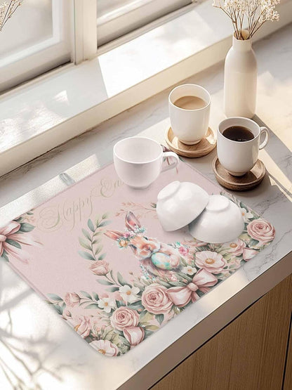 Absorbent Dish Drying Mat, Easter Rabbit Rose Flower Kitchen Counter Mat Dish Drying Pad Set of 1, Spring Pastoral Floral Light Pink Washable Microfiber Dishes Drainer Mats