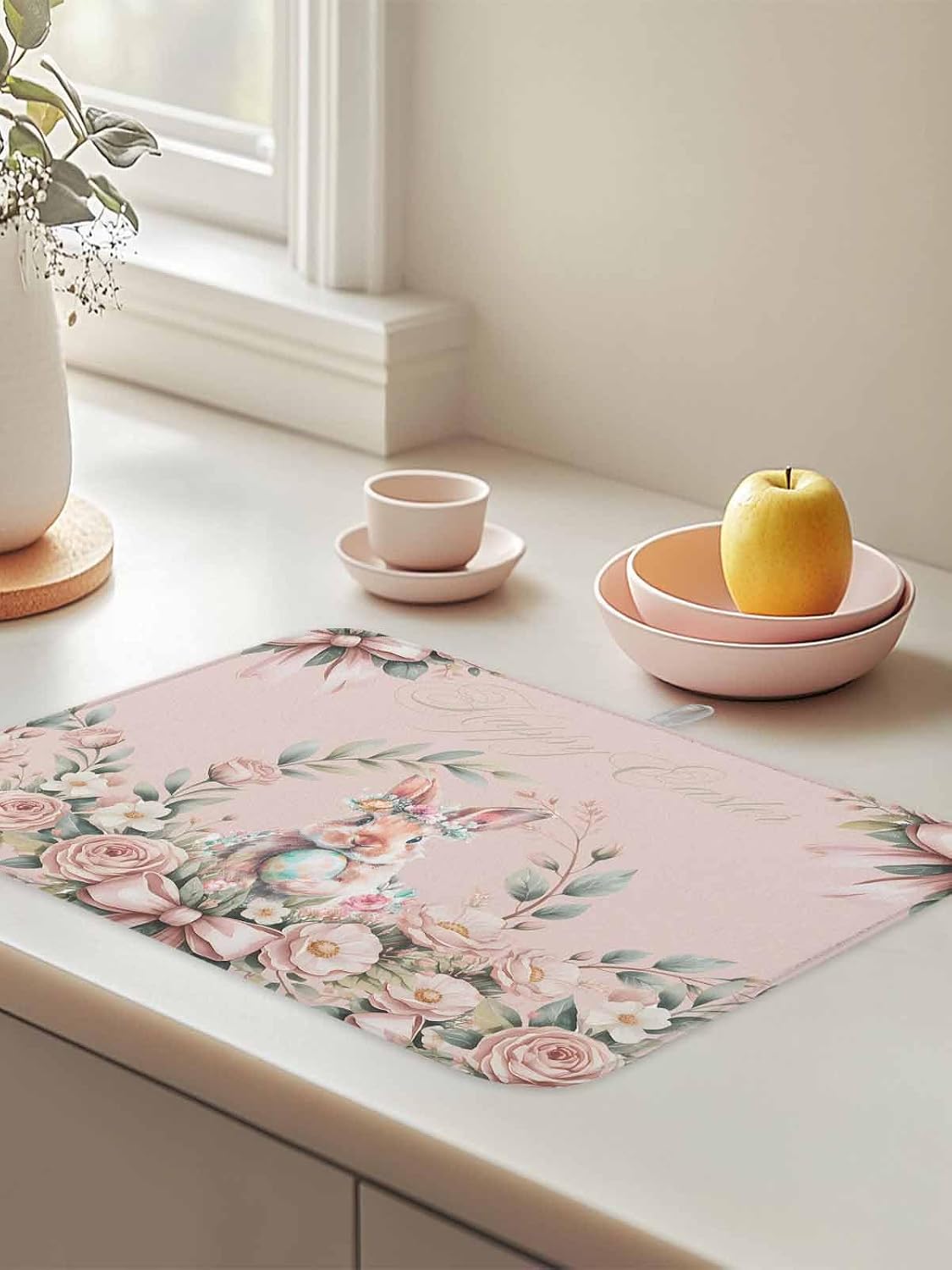 Absorbent Dish Drying Mat, Easter Rabbit Rose Flower Kitchen Counter Mat Dish Drying Pad Set of 1, Spring Pastoral Floral Light Pink Washable Microfiber Dishes Drainer Mats