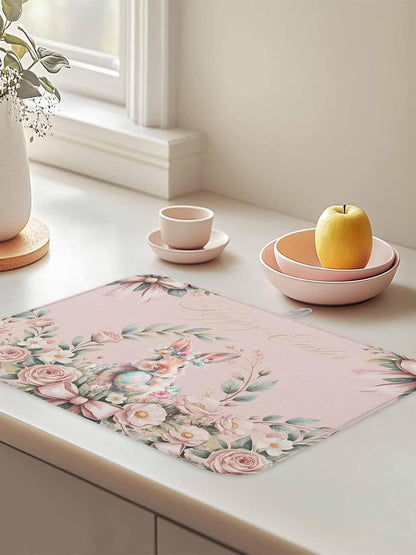 Absorbent Dish Drying Mat, Easter Rabbit Rose Flower Kitchen Counter Mat Dish Drying Pad Set of 1, Spring Pastoral Floral Light Pink Washable Microfiber Dishes Drainer Mats
