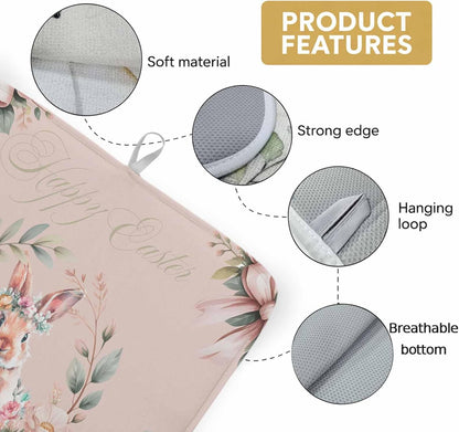 Absorbent Dish Drying Mat, Easter Rabbit Rose Flower Kitchen Counter Mat Dish Drying Pad Set of 1, Spring Pastoral Floral Light Pink Washable Microfiber Dishes Drainer Mats