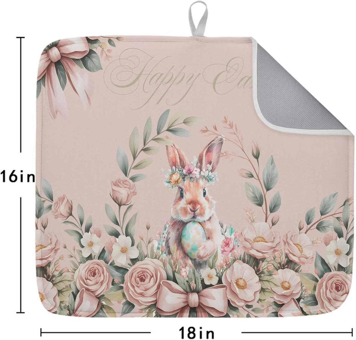 Absorbent Dish Drying Mat, Easter Rabbit Rose Flower Kitchen Counter Mat Dish Drying Pad Set of 1, Spring Pastoral Floral Light Pink Washable Microfiber Dishes Drainer Mats