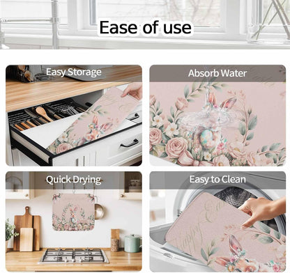 Absorbent Dish Drying Mat, Easter Rabbit Rose Flower Kitchen Counter Mat Dish Drying Pad Set of 1, Spring Pastoral Floral Light Pink Washable Microfiber Dishes Drainer Mats