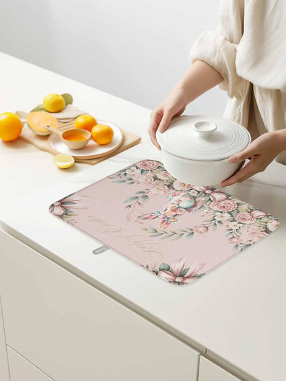 Absorbent Dish Drying Mat, Easter Rabbit Rose Flower Kitchen Counter Mat Dish Drying Pad Set of 1, Spring Pastoral Floral Light Pink Washable Microfiber Dishes Drainer Mats