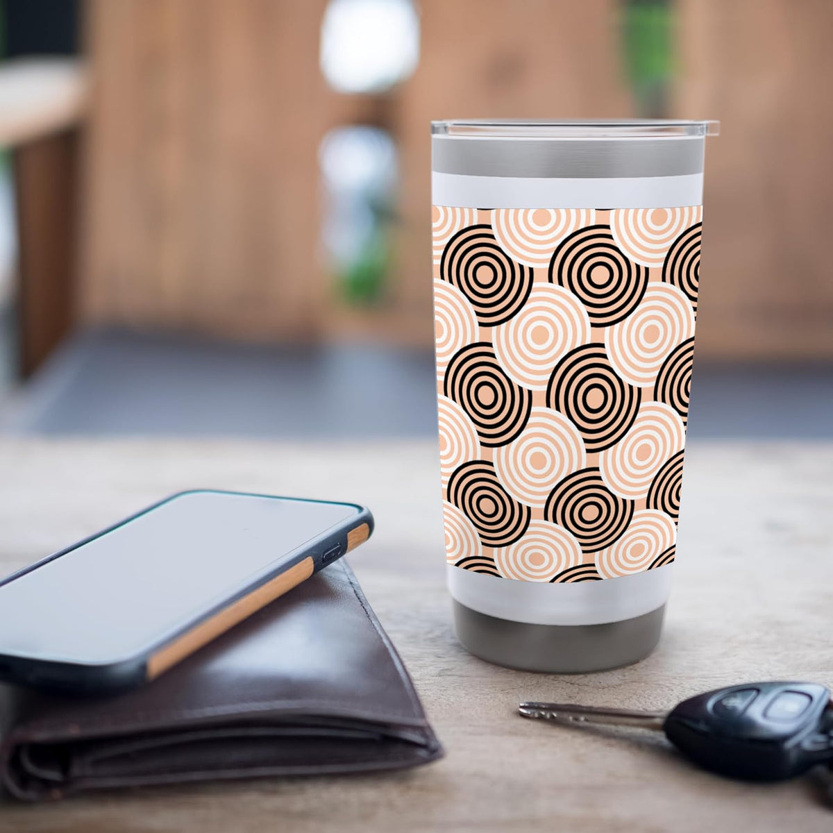 Peach Beige Black Circle Ring Dot Art Deco Pattern Stainless Steel Insulated Tumbler