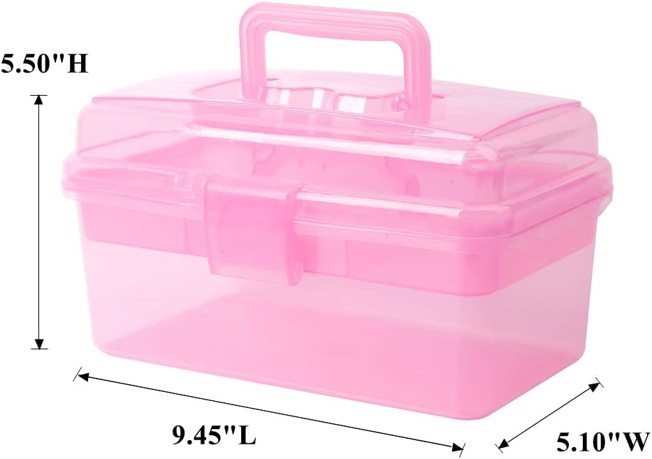 Multipurpose Plastic Storage Container Organizer Box Case with Removable Tray and Handle for Art, Craft, Sewing Supplies, Clear&Pink