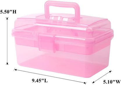Multipurpose Plastic Storage Container Organizer Box Case with Removable Tray and Handle for Art, Craft, Sewing Supplies, Clear&Pink