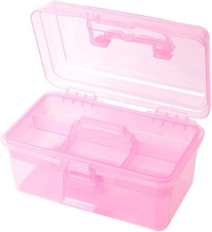 Multipurpose Plastic Storage Container Organizer Box Case with Removable Tray and Handle for Art, Craft, Sewing Supplies, Clear&Pink