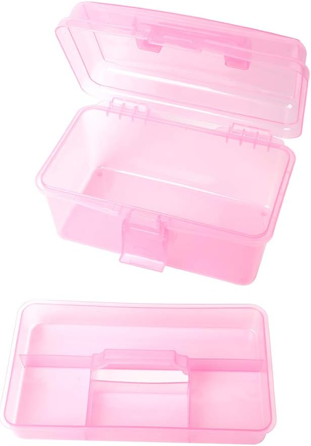 Multipurpose Plastic Storage Container Organizer Box Case with Removable Tray and Handle for Art, Craft, Sewing Supplies, Clear&Pink