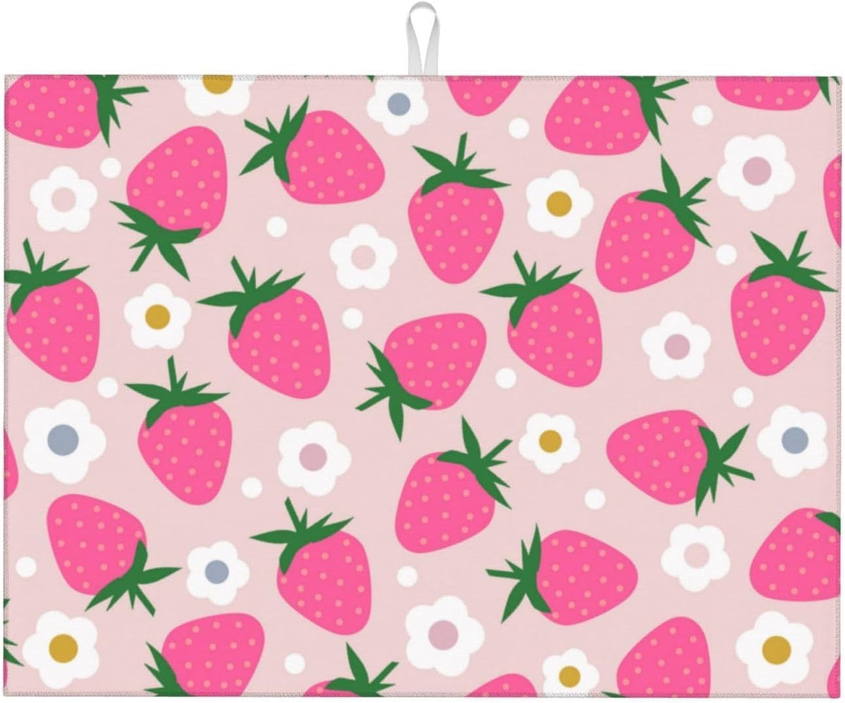 Pink Strawberry Dish Drying Mat for Kitchen Counter Flowers Drying Pad for Dishes 18 x 24 Inch Absorbent Washable Coffee Bar Mat Decor