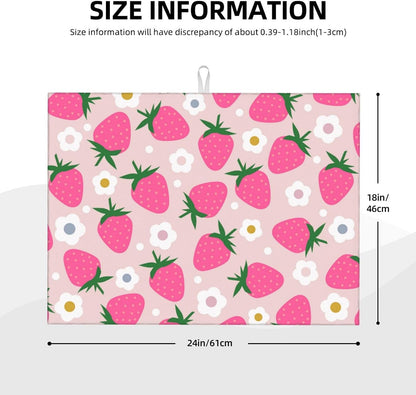 Pink Strawberry Dish Drying Mat for Kitchen Counter Flowers Drying Pad for Dishes 18 x 24 Inch Absorbent Washable Coffee Bar Mat Decor