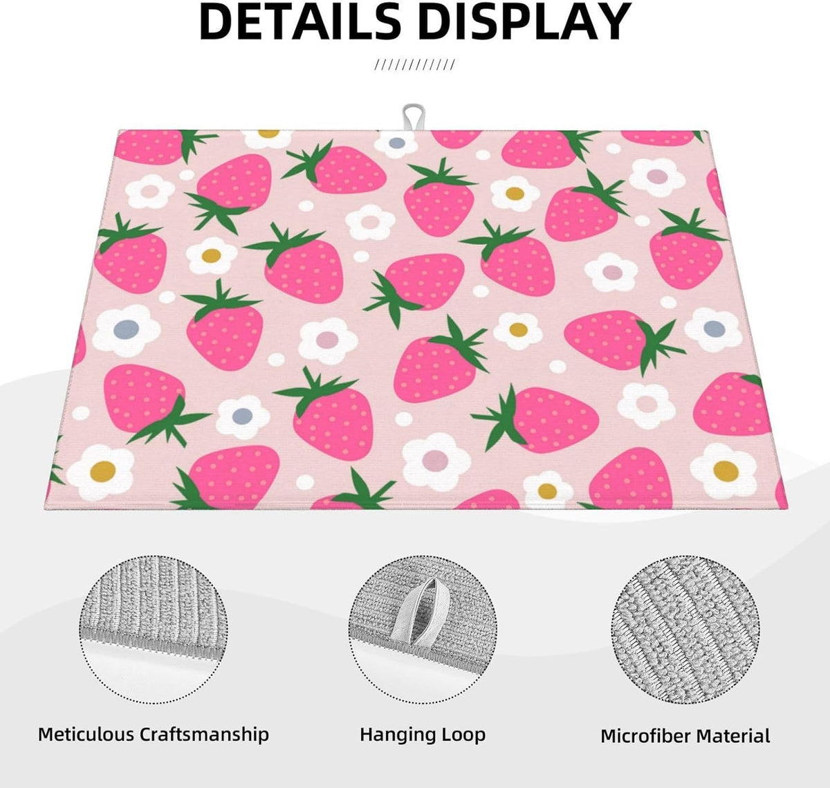Pink Strawberry Dish Drying Mat for Kitchen Counter Flowers Drying Pad for Dishes 18 x 24 Inch Absorbent Washable Coffee Bar Mat Decor