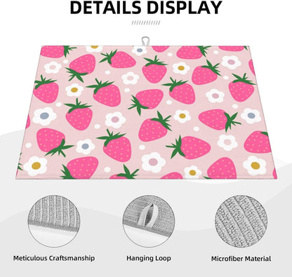 Pink Strawberry Dish Drying Mat for Kitchen Counter Flowers Drying Pad for Dishes 18 x 24 Inch Absorbent Washable Coffee Bar Mat Decor