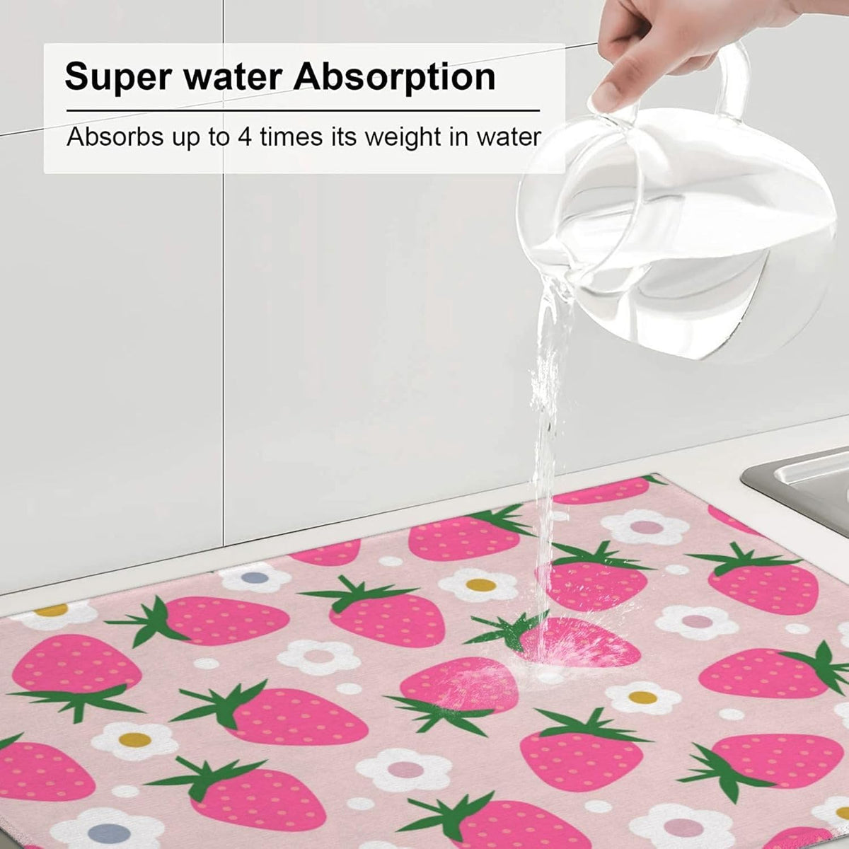 Pink Strawberry Dish Drying Mat for Kitchen Counter Flowers Drying Pad for Dishes 18 x 24 Inch Absorbent Washable Coffee Bar Mat Decor