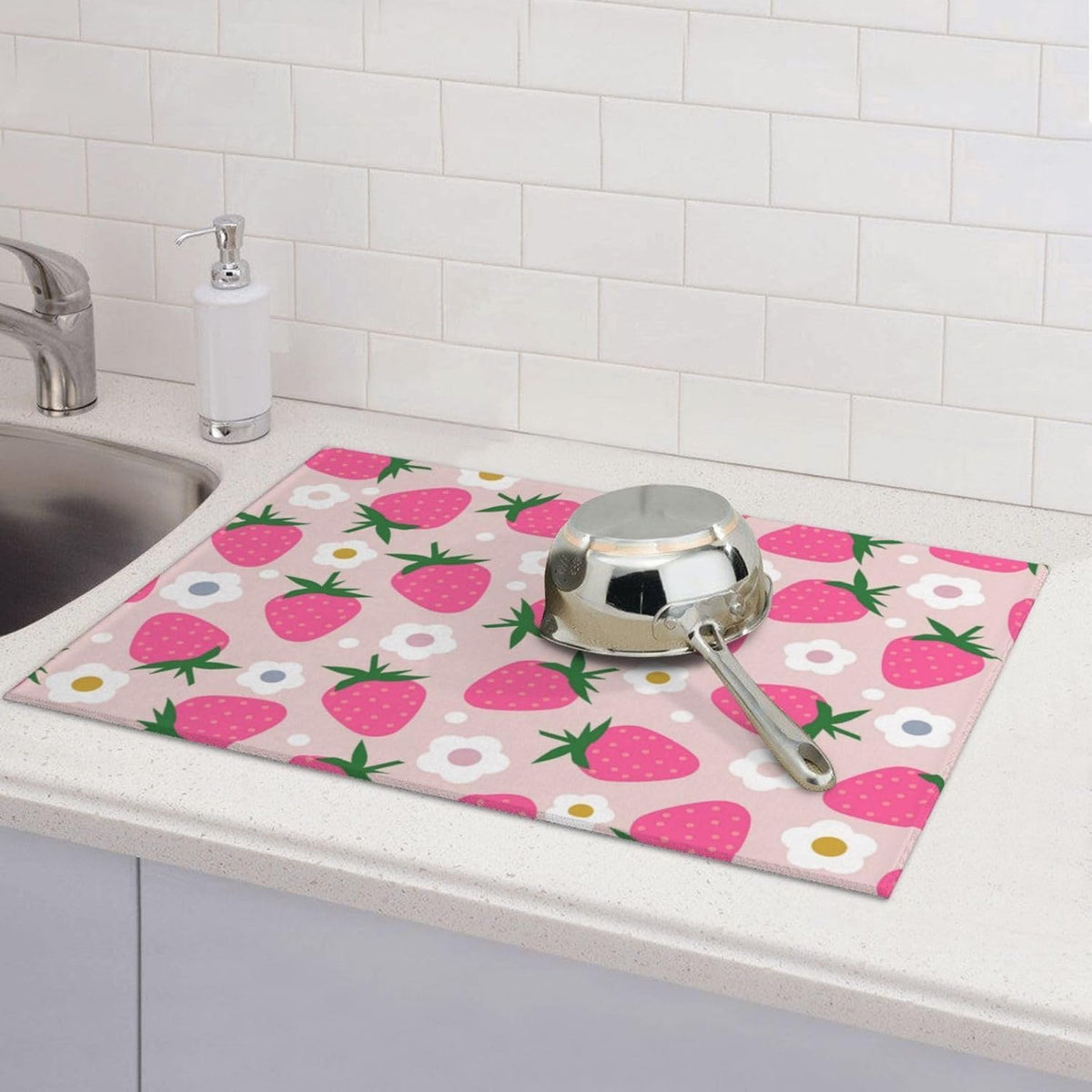 Pink Strawberry Dish Drying Mat for Kitchen Counter Flowers Drying Pad for Dishes 18 x 24 Inch Absorbent Washable Coffee Bar Mat Decor