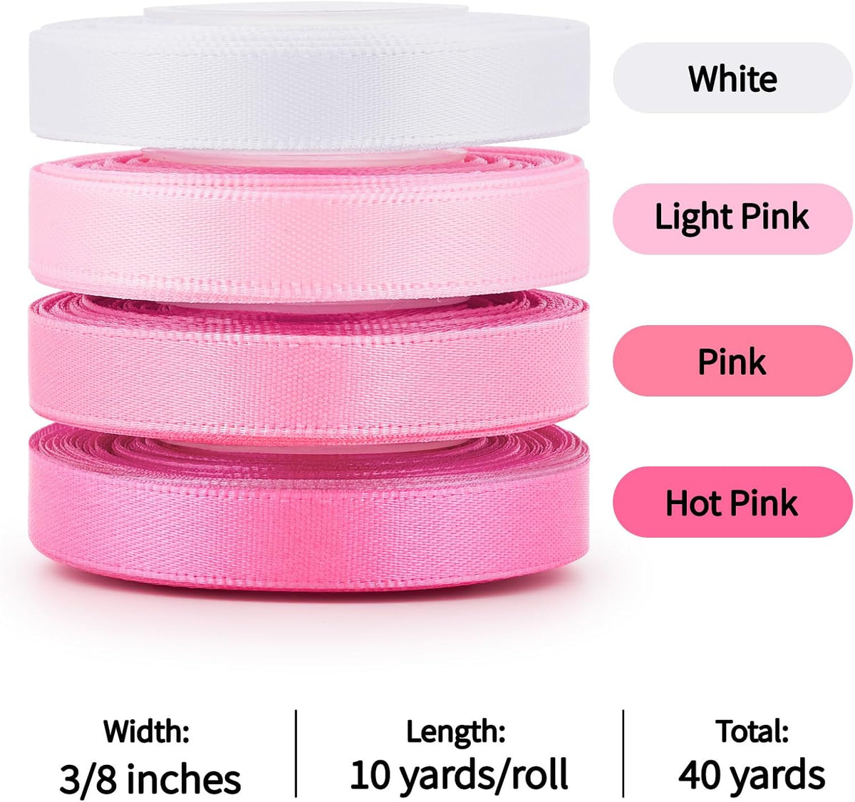 Pink Satin Ribbon, 3/8 Inch x 4 Rolls, Total 40 Yards