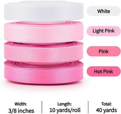 Pink Satin Ribbon, 3/8 Inch x 4 Rolls, Total 40 Yards
