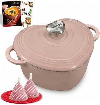 Enameled Cast Iron Dutch Oven - 2QT Pink Heart-Shaped Mini Pot