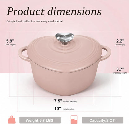 Enameled Cast Iron Dutch Oven - 2QT Pink Heart-Shaped Mini Pot