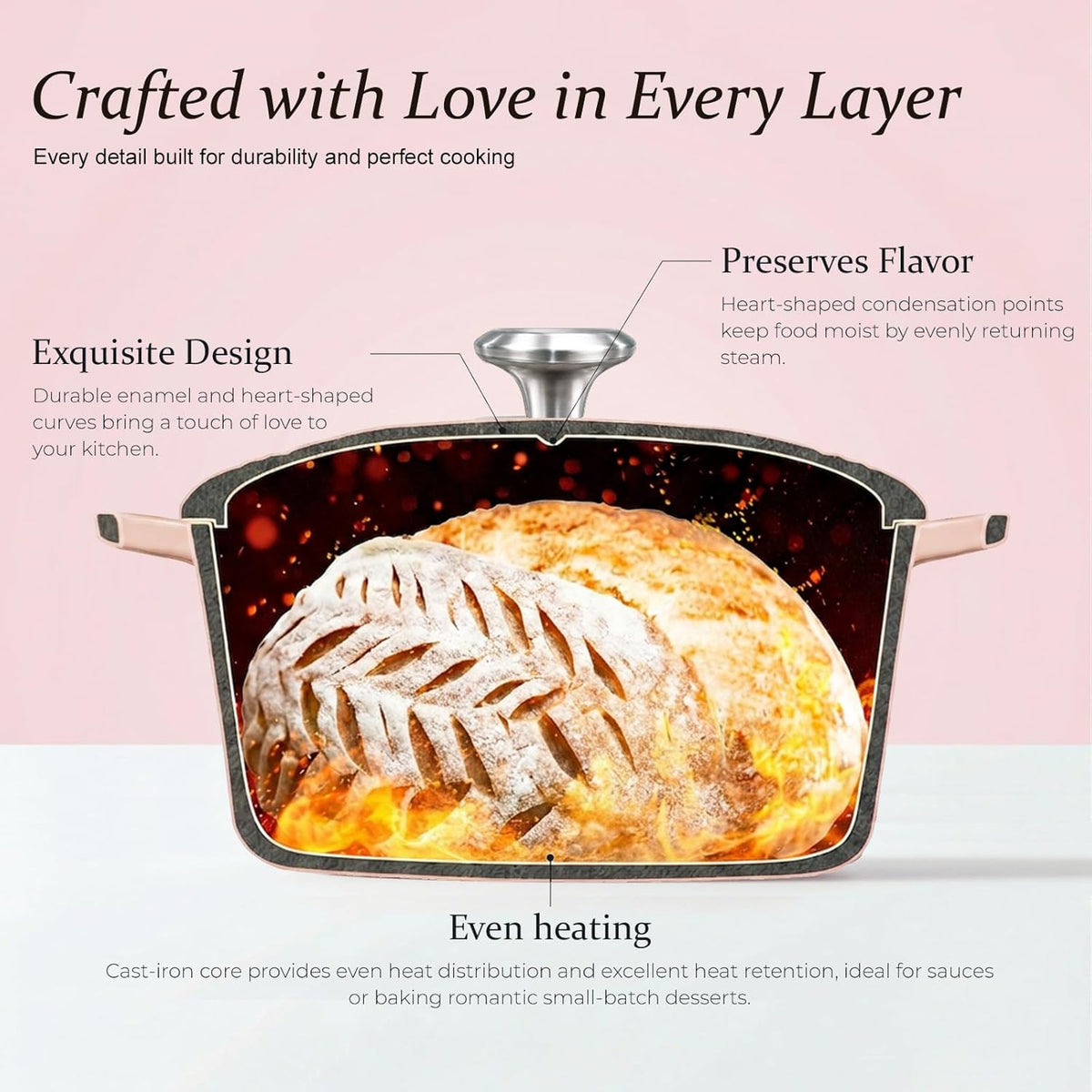 Enameled Cast Iron Dutch Oven - 2QT Pink Heart-Shaped Mini Pot