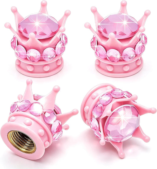 4PCS Crown Bling Tire Stem Valve Caps, Crystal Diamond Car Wheel Tire Valve Caps Universal Copper Core Stem Covers for Cars, SUV, Trucks, Bikes, Motorcycles, Bicycles (Pink)