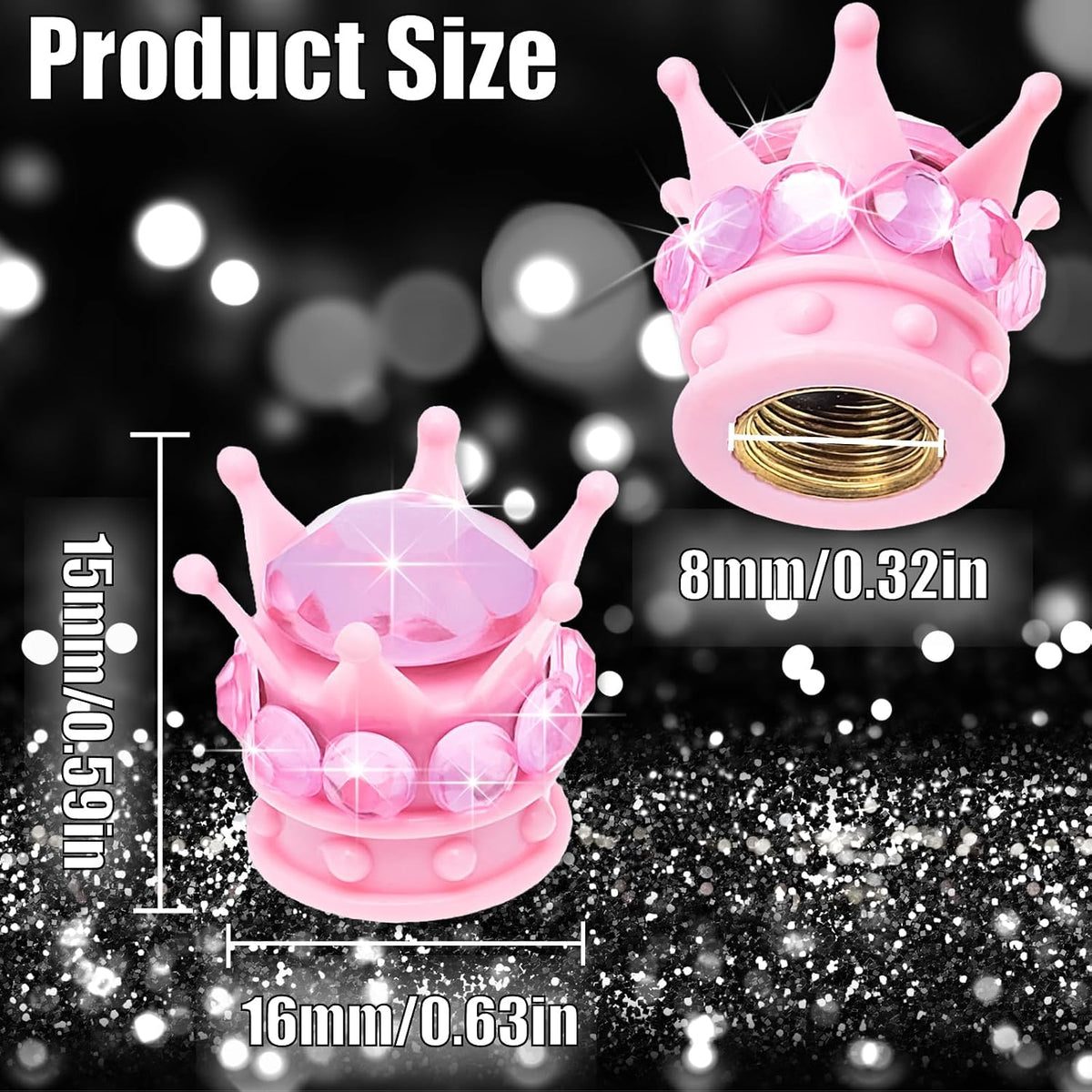 4PCS Crown Bling Tire Stem Valve Caps, Crystal Diamond Car Wheel Tire Valve Caps Universal Copper Core Stem Covers for Cars, SUV, Trucks, Bikes, Motorcycles, Bicycles (Pink)