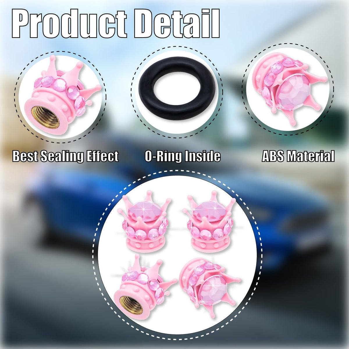 4PCS Crown Bling Tire Stem Valve Caps, Crystal Diamond Car Wheel Tire Valve Caps Universal Copper Core Stem Covers for Cars, SUV, Trucks, Bikes, Motorcycles, Bicycles (Pink)