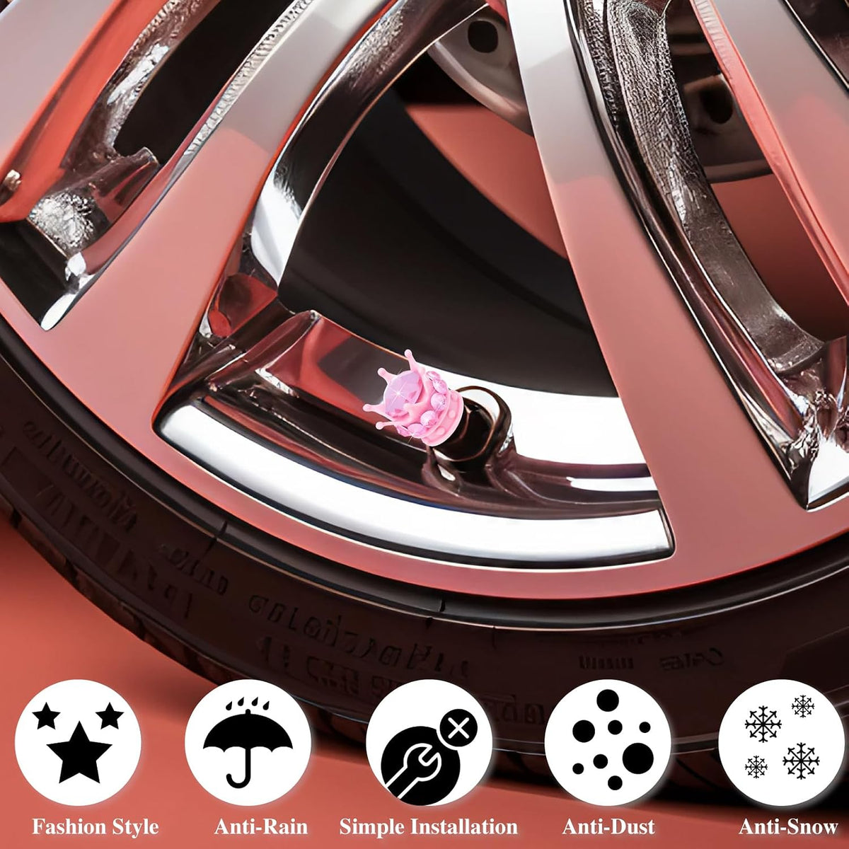 4PCS Crown Bling Tire Stem Valve Caps, Crystal Diamond Car Wheel Tire Valve Caps Universal Copper Core Stem Covers for Cars, SUV, Trucks, Bikes, Motorcycles, Bicycles (Pink)