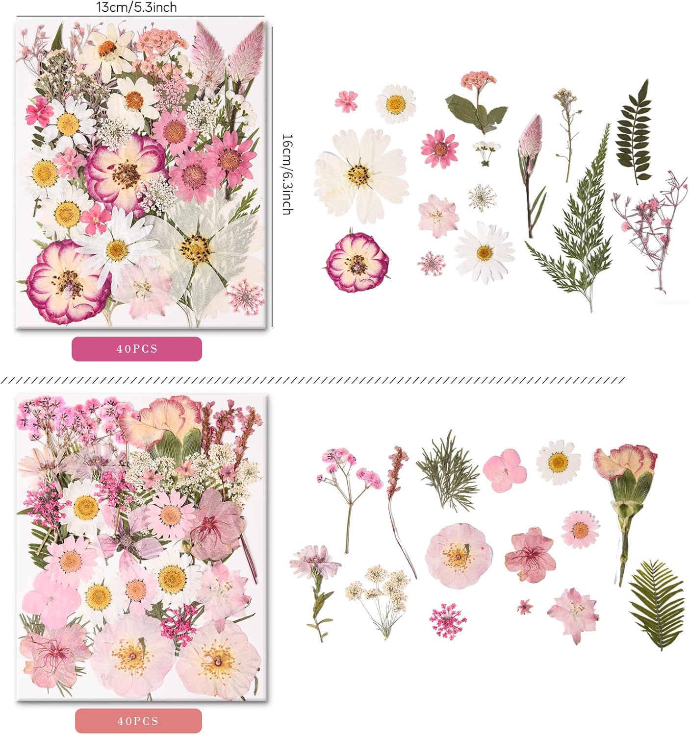 80PCS Pink Pressed Dried Flowers Dry Leaves with Tweezers | Real Pressed Flowers, For DIY Crafts, For Resin Jewelry, For Cards, Soap, CandleMaking, Nail Art, Scrapbooking