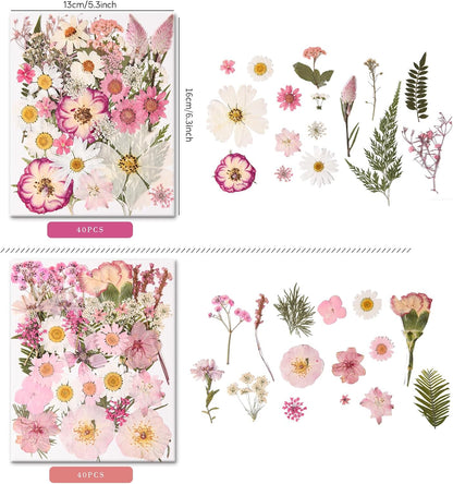 80PCS Pink Pressed Dried Flowers Dry Leaves with Tweezers | Real Pressed Flowers, For DIY Crafts, For Resin Jewelry, For Cards, Soap, CandleMaking, Nail Art, Scrapbooking