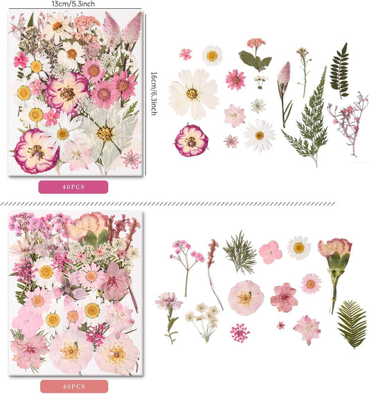 80PCS Pink Pressed Dried Flowers Dry Leaves with Tweezers | Real Pressed Flowers, For DIY Crafts, For Resin Jewelry, For Cards, Soap, CandleMaking, Nail Art, Scrapbooking