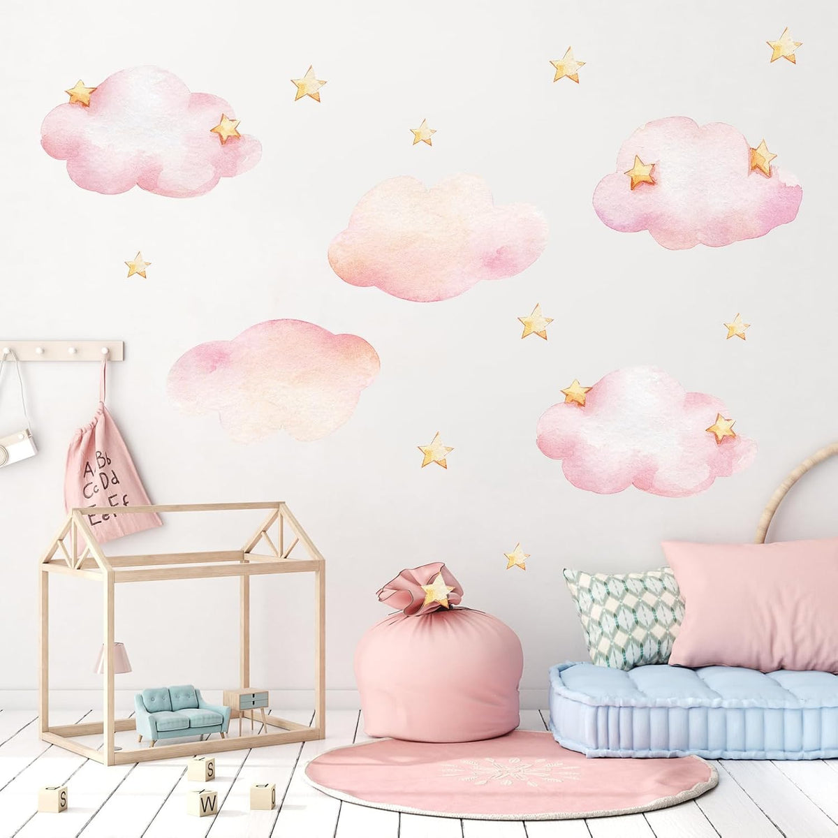 Clouds and Stars Wall Stickers, Pink Removable Wall Mural Stickers Cloud Wallpaper Stick and Peel Vinyl Wall Art Decals for Kids Baby Nursery Bedroom Living Room Home Decor Gift