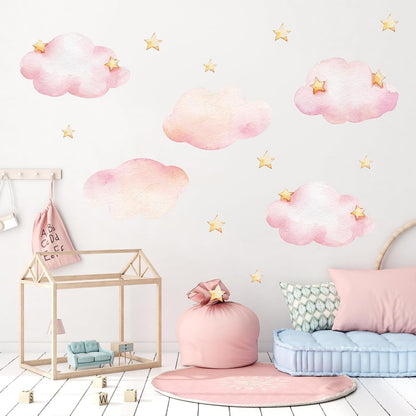 Clouds and Stars Wall Stickers, Pink Removable Wall Mural Stickers Cloud Wallpaper Stick and Peel Vinyl Wall Art Decals for Kids Baby Nursery Bedroom Living Room Home Decor Gift