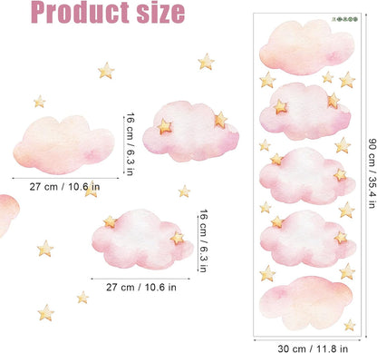 Clouds and Stars Wall Stickers, Pink Removable Wall Mural Stickers Cloud Wallpaper Stick and Peel Vinyl Wall Art Decals for Kids Baby Nursery Bedroom Living Room Home Decor Gift