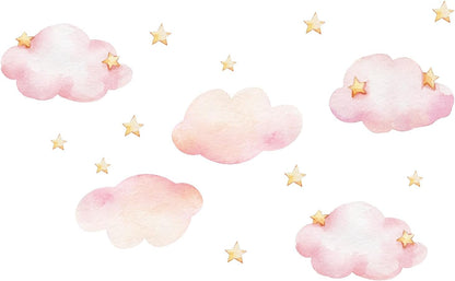Clouds and Stars Wall Stickers, Pink Removable Wall Mural Stickers Cloud Wallpaper Stick and Peel Vinyl Wall Art Decals for Kids Baby Nursery Bedroom Living Room Home Decor Gift