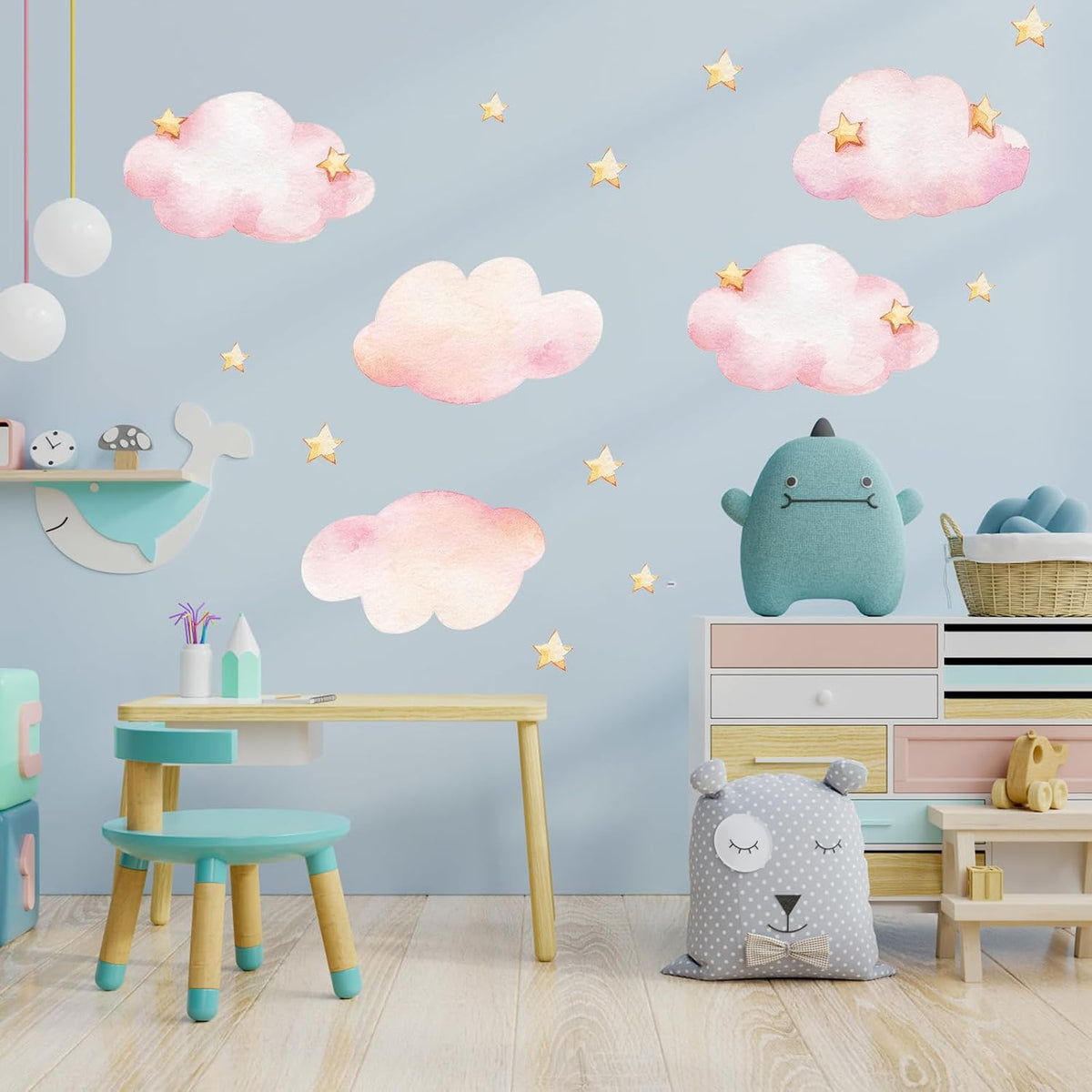 Clouds and Stars Wall Stickers, Pink Removable Wall Mural Stickers Cloud Wallpaper Stick and Peel Vinyl Wall Art Decals for Kids Baby Nursery Bedroom Living Room Home Decor Gift