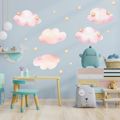 Clouds and Stars Wall Stickers, Pink Removable Wall Mural Stickers Cloud Wallpaper Stick and Peel Vinyl Wall Art Decals for Kids Baby Nursery Bedroom Living Room Home Decor Gift