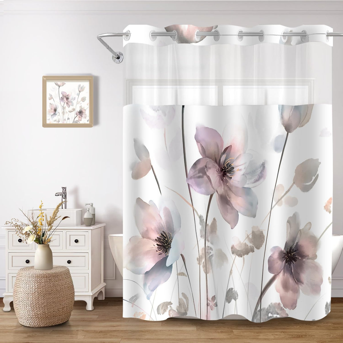 No Hook Shower Curtain and Liner Set, Pink Boho Floral 71x74