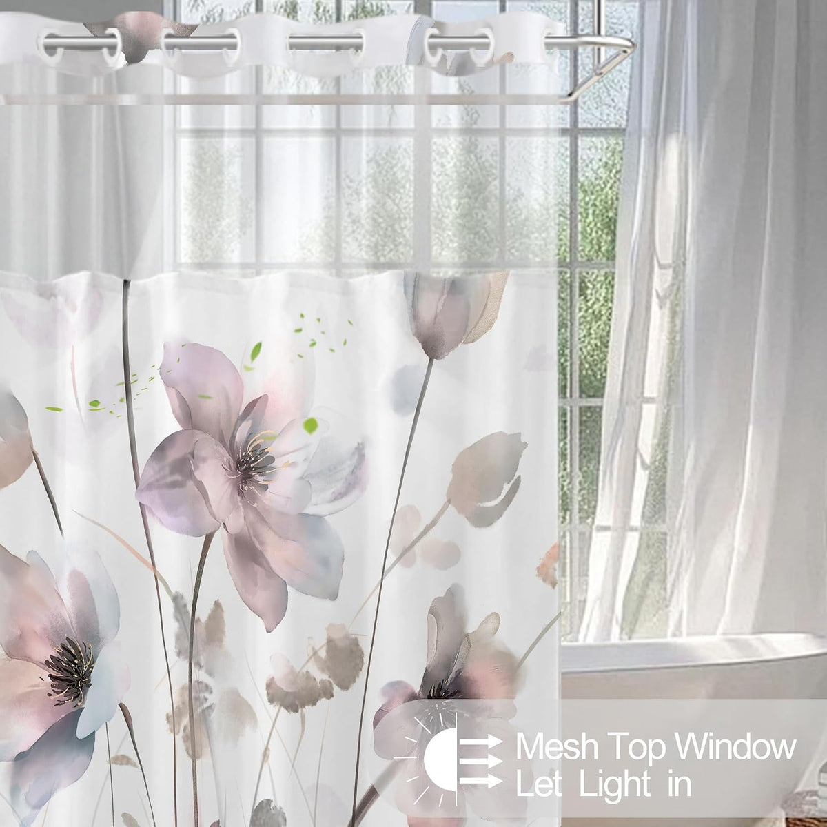 No Hook Shower Curtain and Liner Set, Pink Boho Floral 71x74