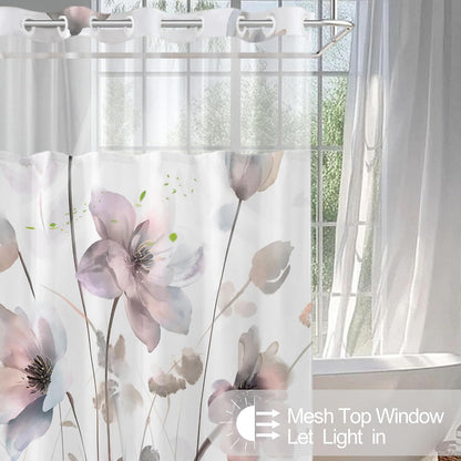 No Hook Shower Curtain and Liner Set, Pink Boho Floral 71x74