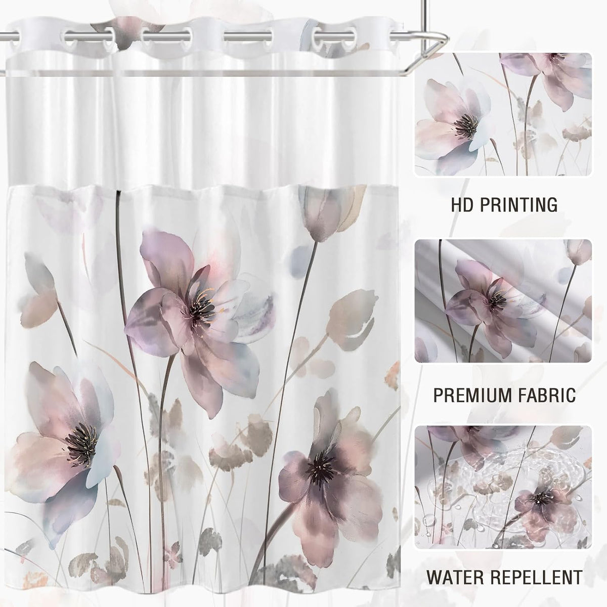 No Hook Shower Curtain and Liner Set, Pink Boho Floral 71x74