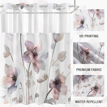 No Hook Shower Curtain and Liner Set, Pink Boho Floral 71x74