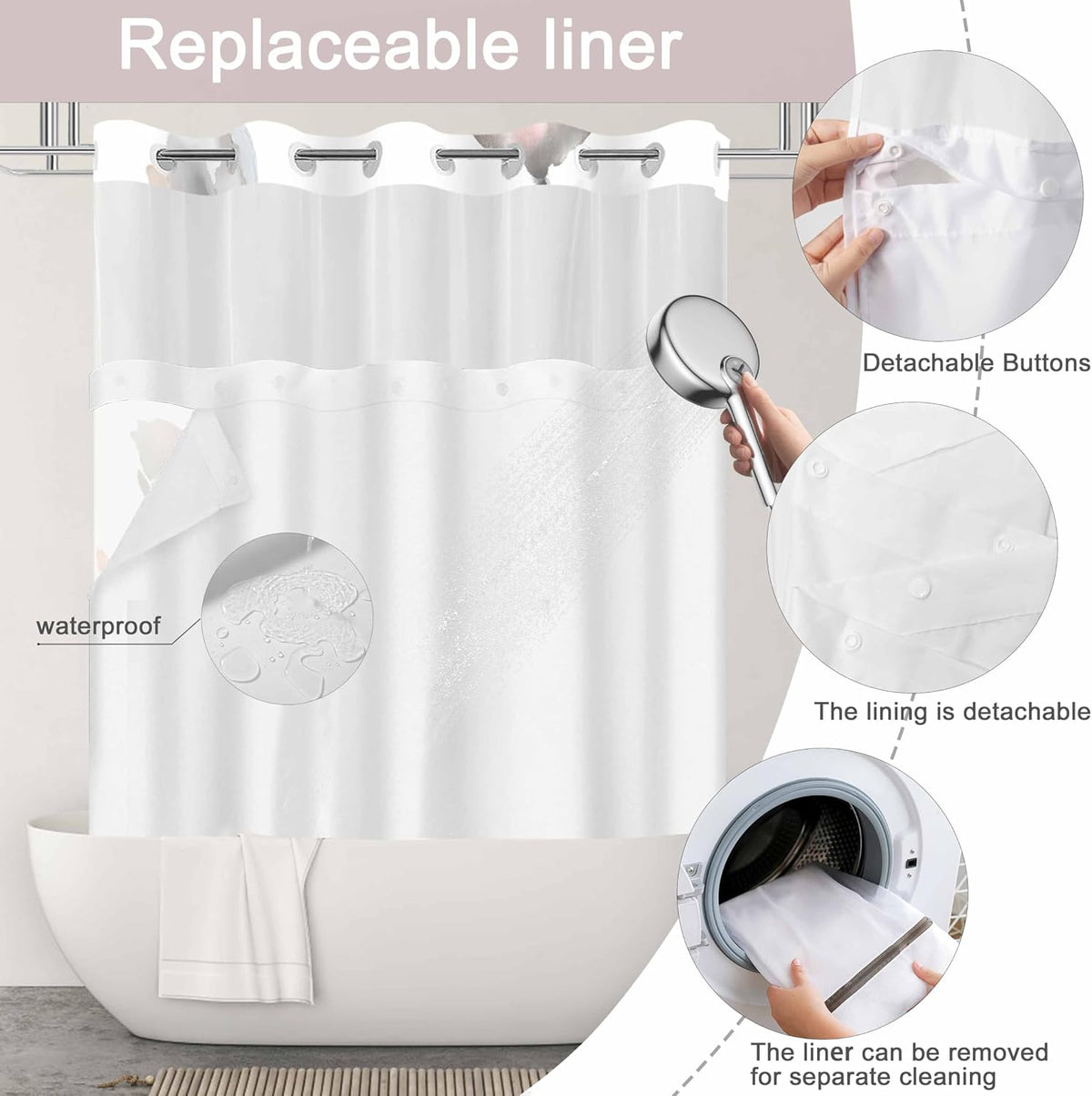 No Hook Shower Curtain and Liner Set, Pink Boho Floral 71x74